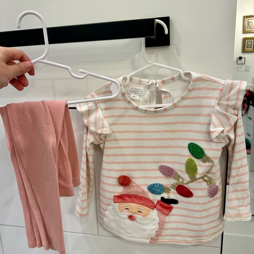 Mud Pie Pink and White Striped Santa Set GUC 2T